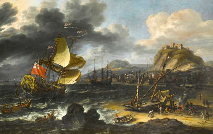 An English Man-O’War Running into a Crowded Continental Port